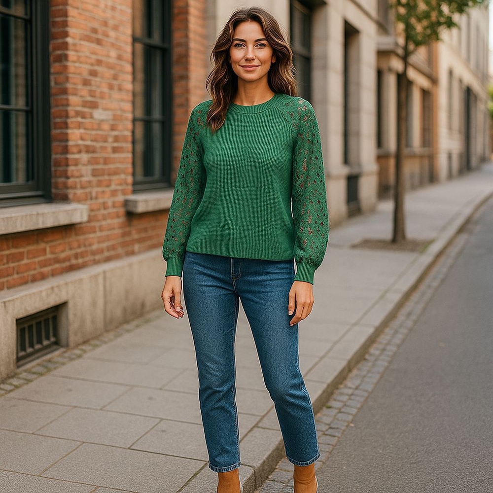 Iwollence Emereld Green Long Sleeve Waffle Blouse Lace Sleeves NWT! Small - Picture 1 of 9